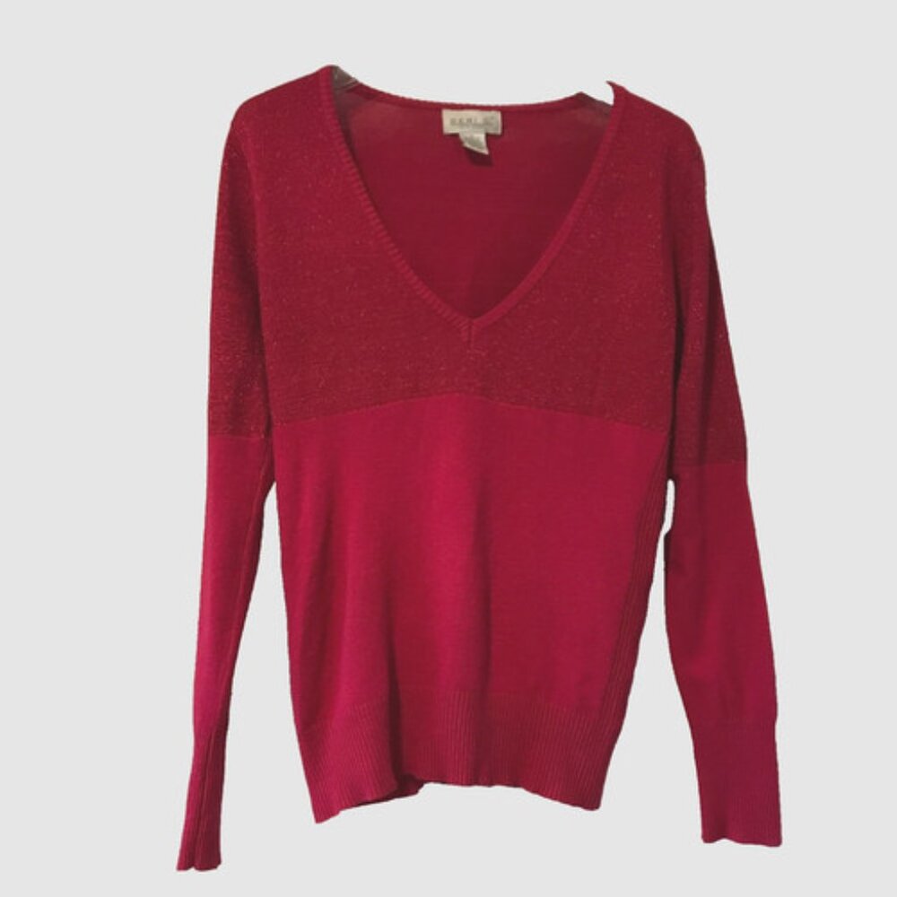 Geri C. New York Hot Pink Fitted Sparkle V-neck Sweater Women's XL